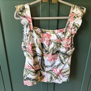 NWT Loft Linen L Women's Hawaiian‎ Floral Smocked Ruffle Sleeveless Luau Blouse
